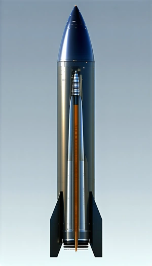 A Large Rocket Is Shown In A White Background, With A Close-up Of The Rocket's Engine