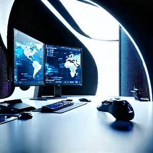 Futuristic Digital Workspace With Computer Desk
