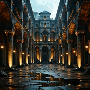 Urban Minimalist Design: Historic Building With (dramatic:1.24) (lighting:1.47) With Large, Dark,