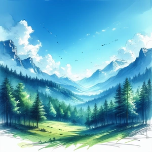 Nature Pencil Sketch: Clear Sky Over (forest:1.35) Clearing With Image, There