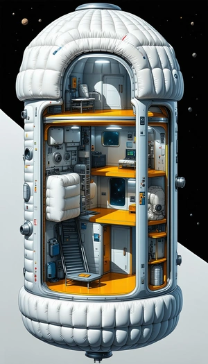In This Image, There Is A Large, White, And Orange Spacecraft With A Lot Of Different Rooms Inside