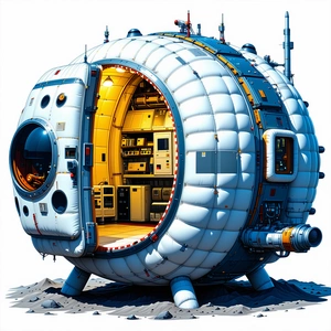 A Large White Spacecraft Is Shown In A Drawing, With A Hatch Open Revealing A Room Inside