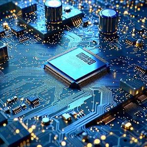 Tech Diagram Style: Circuit board with digital particles