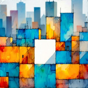 Urban Watercolor Painting: Aerial view of city blocks