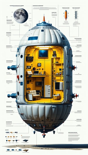 A Large White Spacecraft Is Shown In A Cross-sectional View, Revealing Its Interior Layout