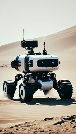 A White Robot With A Large Camera On Its Front, Driving Across A Sandy Terrain