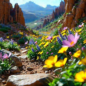Nature Abstract Design: Wildflowers In Rocky Terrain With Beautiful, Colorful