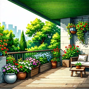 Lifestyle Vector Art: Balcony Garden With Organized Space With Image, There