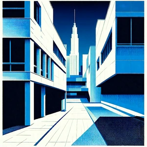 Urban Linocut Print: Urban street with (modern:1.1) architecture
