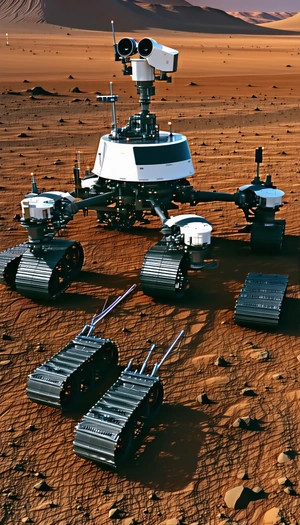 A Large, White, And Black Robotic Vehicle On A Dirt Field