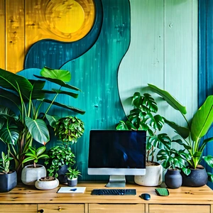 Lifestyle Abstract Design: Home Office With Plants And Natural Elements With Wooden Desk