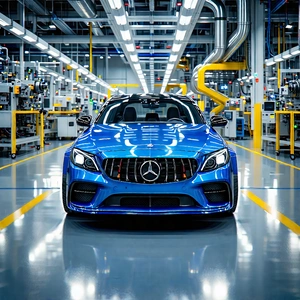 Tech Architectural Photography: Automotive Technology In Manufacturing Facility With Blue Mercedes