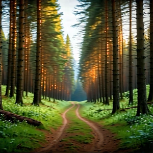 Nature Lithograph: Path Through Pine (forest:1.12) With Painting Forest