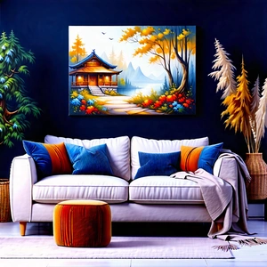 Lifestyle Acrylic Painting: Cozy Living Room With Comfortable Textiles With Cozy Living