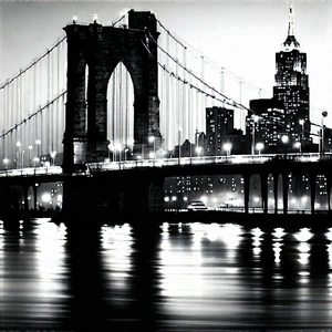 Urban Charcoal Drawing: Iconic Bridge With City Lights With Black White