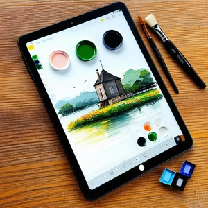 Tech Gouache Painting: Tablet With Digital Artwork With Tablet Computer