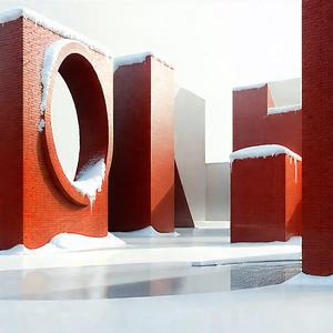 Urban Geometric Design: (modern:1.14) Sculpture With Snow Covering With Large Brick