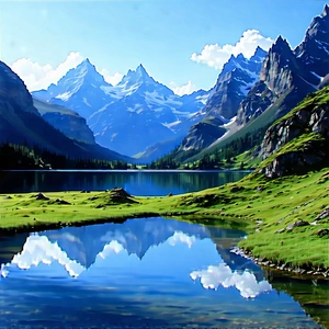 Nature Macro Photography: Tranquil Pond Surrounded By Mountain Peaks With Serene Mountain