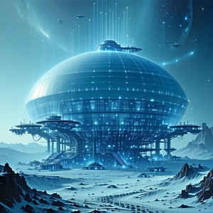 The Image Is A Futuristic Space Station With A Large, Round, Blue Structure At Its Center