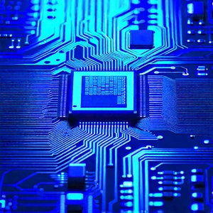 Circuit board with blue light glow