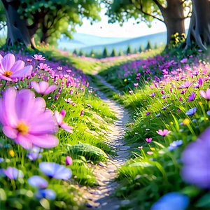 Nature 3d Render: Path Through Flowering Meadow With Beautiful, Colorful