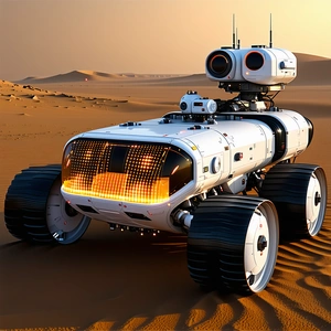 A White Robotic Vehicle Is Sitting In A Desert Landscape