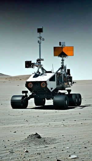 A Large Robotic Vehicle With A White And Orange Color Scheme, Driving Across A Sandy Terrain