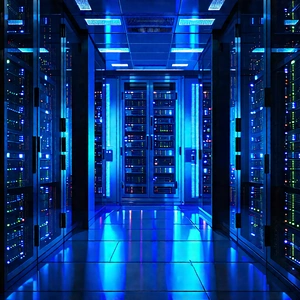 Server Rack With Blue Light Glow With Large Room