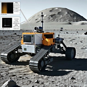A Small Robotic Vehicle Is Sitting On A Rocky Surface, Possibly On The Moon