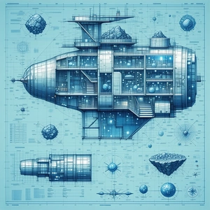 The Image Is A Blue And White Drawing Of A Space Ship
