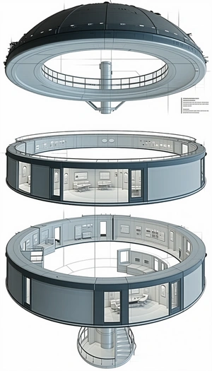 The Image Is A Drawing Of A Large, Circular Building With A Dome-shaped Roof