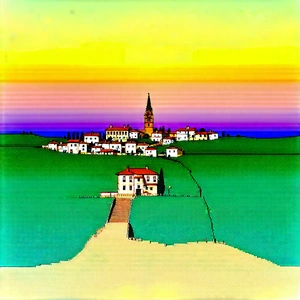 Urban Pastel Drawing: Cityscape Of Small Town During Sunrise With Small Village