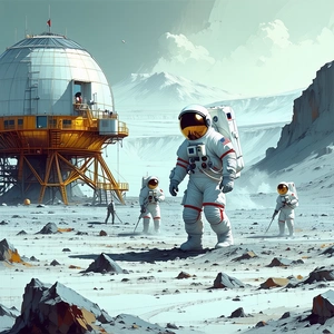 In The Image, There Is A Group Of Six Astronauts Walking Across A Rocky