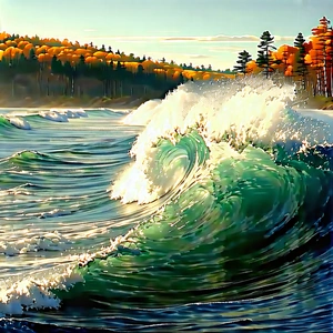 Nature Advertising Photography: (ocean:1.28) Waves Surrounded By Autumn Trees With Large Wave