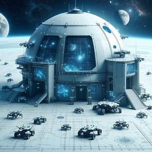 In This Futuristic Scene, A Large White Dome-shaped Building Is Surrounded By Numerous Small Robots