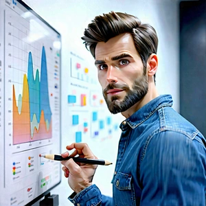 Business 3D Render: Tech professional using digital whiteboard