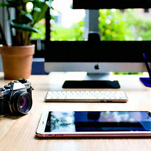Business Long Exposure Photography: Workplace With Digital Devices On Desk With Wooden Desk