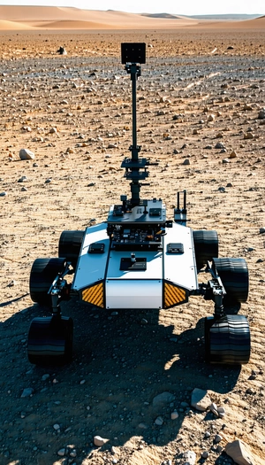 A White Robotic Vehicle With A Large Antenna On Top, Driving Across A Rocky Terrain