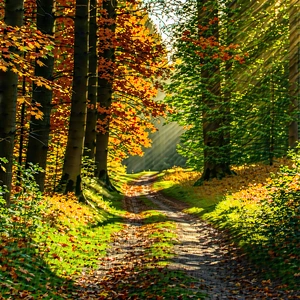 Nature Lithograph: Path Through Autumn Woodland With Beautiful Forest
