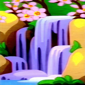 Nature Gouache Painting: Waterfall In Spring Bloom With Beautiful Waterfall
