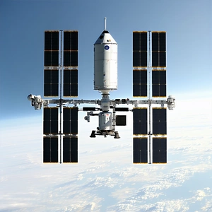 A Large Space Shuttle With A Blue And White Color Scheme, Flying Through The Sky