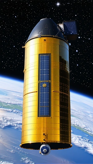 A Large, Shiny, Gold-colored Spacecraft With A Solar Panel On Its Side