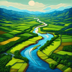 Nature Linocut Print: Aerial View Of Winding River With Painting Beautiful