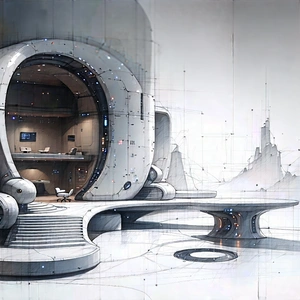 Tech Charcoal Drawing: (futuristic:1.27) Tech Startup Office With Image, There
