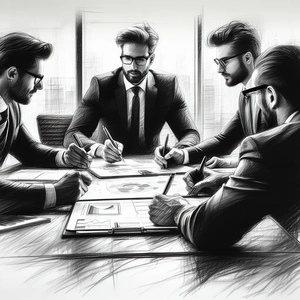 Business Charcoal Drawing: Corporate Team Collaborating On Business Strategy With There Four