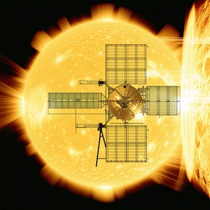 A Large Spacecraft With A Solar Panel On Its Side, Floating In The Air