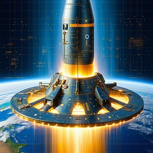 A Rocket Ship Is Shown In A Futuristic Setting, With A Blue And Yellow Color Scheme