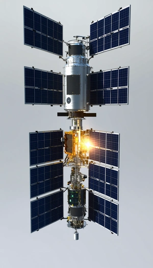A Spacecraft Is Shown In A Close-up View, With Its Solar Panels And Other Components Clearly Visible