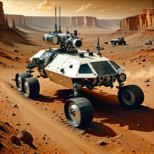 A Futuristic Vehicle Is Driving On A Dirt Road, With A Mountainous Landscape In The Background