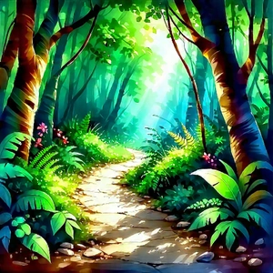 Nature Watercolor Painting: Path Through Tropical Jungle With Image, There
